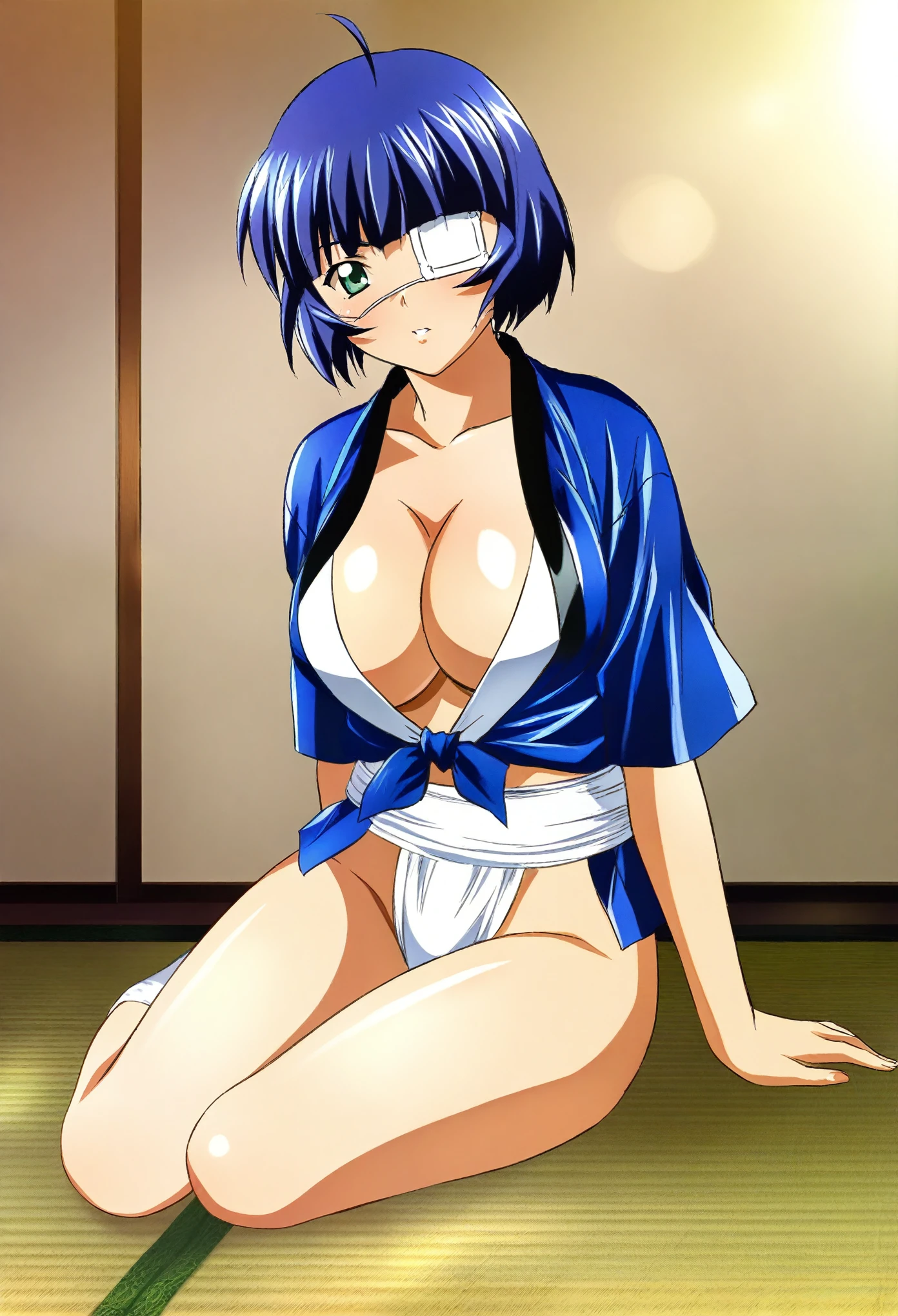 official art, illustration, 1girl, ryomou shimei, ikkitousen,RIN-SIN(artist),large breasts, japan, indoors, white happi, fundoshi, cowboy shot, sitting, kneeling, best quality, amazing quality, very aesthetic, absurdres