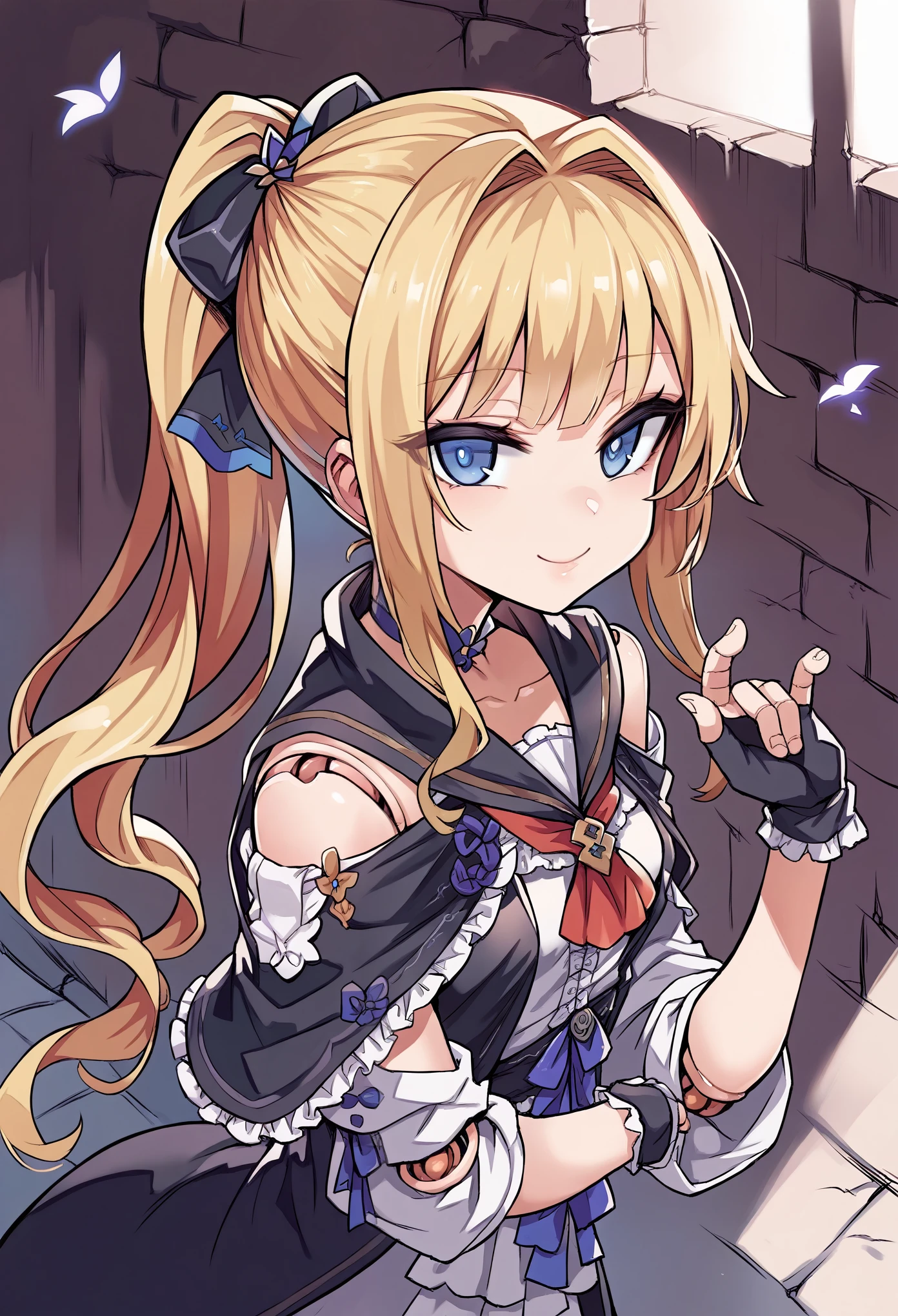 score_9, score_8_up, score_7_up, 1 girl, hsrherta, doll joints, (blonde ponytail hair, blue eyes), skinny, black robe, capelet, red ascot, fingerless gloves, smiling, posing, looking at viewer, small breasts, victorian alley, mist