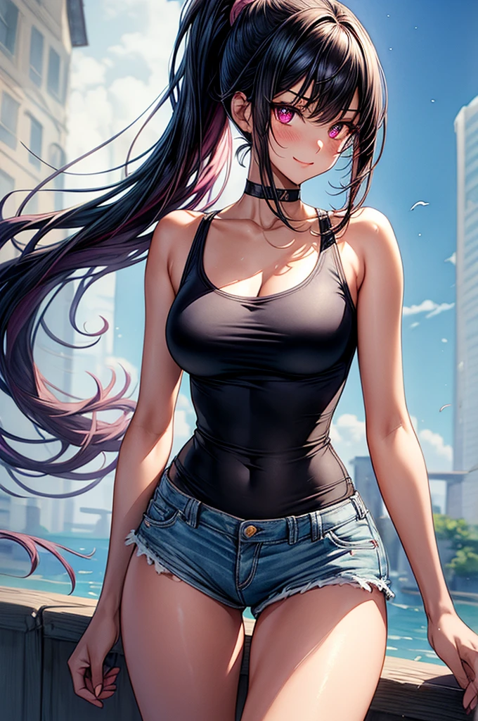 (((rose garden,a black T-shirt,Hide underwear,denim hot-pants))),((独奏,stroll)),((masutepiece,Full body,Wide background,Far angle)),Beautiful detailed skin,Perfect human anatomy,perfect hand,beautiful boob,saggy tits,portrait of a beautiful woman,Perfect face,(Cute smile,Bright smile),Cute look,Cute emotions,Think,(blush),enticing lips,Perfect eyes,Cinematic scene,Cinematic,fulcolor,4K,8K,Raw photo,Studio portrait,professionally color graded,Professional Photography,(an extremely delicate and beautiful art)1.3,Elegant,Active Angle,Soft light,Lens Glow,soft clean focus,Realistic lighting and shading,Best Quality,top-quality,hight resolution,(1girl in:1.3)