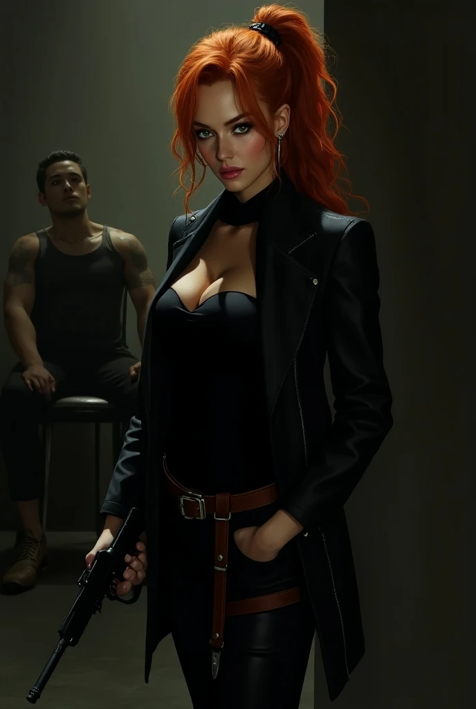 comics style female hands in handcuffs, redhead woman being arrested, dark and melancholic police station environment