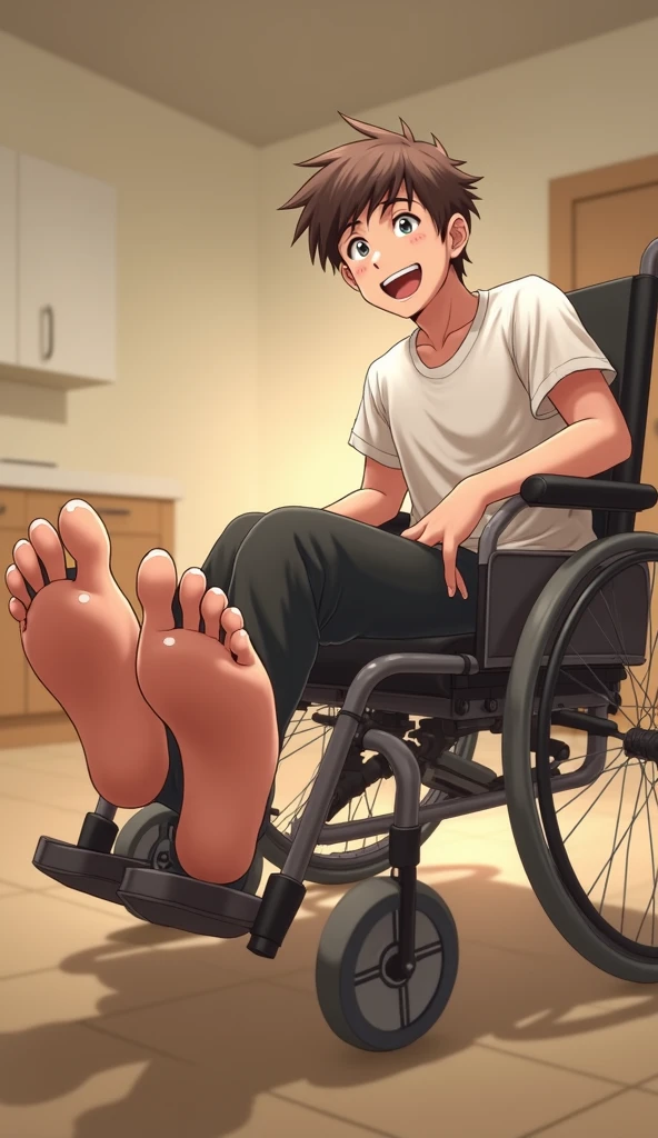 (2shota:1.5), (naked), (arched body:1.5), (small penis:1.4), ((foreskin)), (((erection))), testicles, best quality, ((masterpiece)), (ultra detailed), (cerebral palsy:1.6), disabled, (drooling:1.4), (((weakness))), ((spiked hair)), black hair, wine red eyes, ((raised arms)), (spread legs), (sweaty skin:1.5), ((cum penis)), (((lying down on wheel chair))), wheel chair, wet wood floor, (crying), (earings), (paralysis feet:1.4), (paralysis arms:1.4), (paralysis legs:1.4), amputee, (childfood),