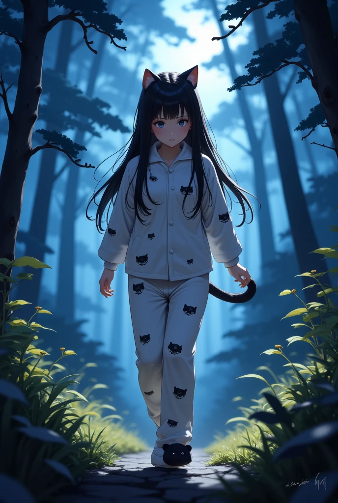  A beautiful Korean girl .
 long black hair , with a fringe.
 She's dressed in cat-print pajamas .
Bear slippers on your feet.
 She's running through the spooky forest at night alone.
Whole body.
 (Anime style 32K, HDR, UHD, Intricate detail, Extremely intricate detail, Hyper-realistic, Extremely realistic, High quality, vivid color, Extremely detailed).