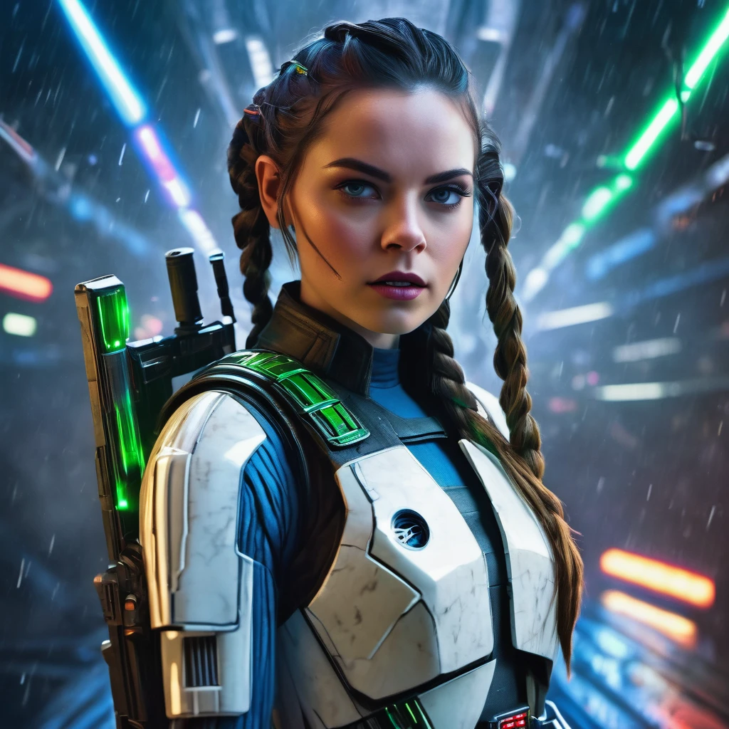 1girl, long braided hair, stormtrooper, looking at viewer, starwars scene, in space, blue and green lasers shooting, detailed eyes, detailed lips, extremely detailed face, cinematic lighting, dramatic atmosphere, vibrant colors, sci-fi, concept art, photorealistic, 8k, ultra-detailed, space battle xwing, tie fighter dog fights in background 