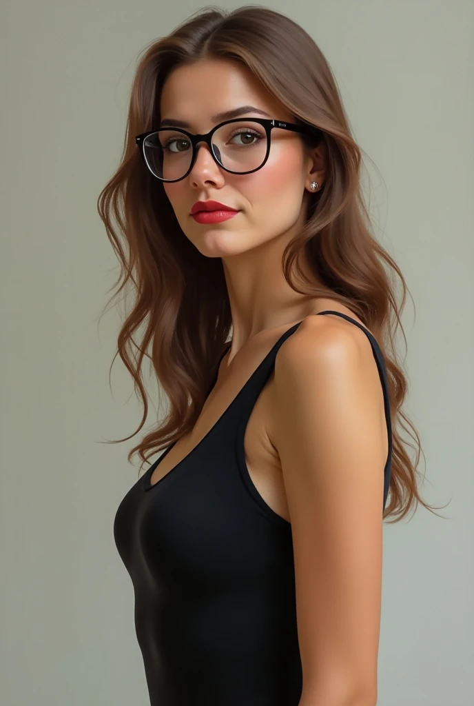 Brown hair, Ponytail, breast, split, sexy in a dress just wear black suspenders, jumpsuit with blue jeans, and also wear round black glasses. ((show your hard red nipples))