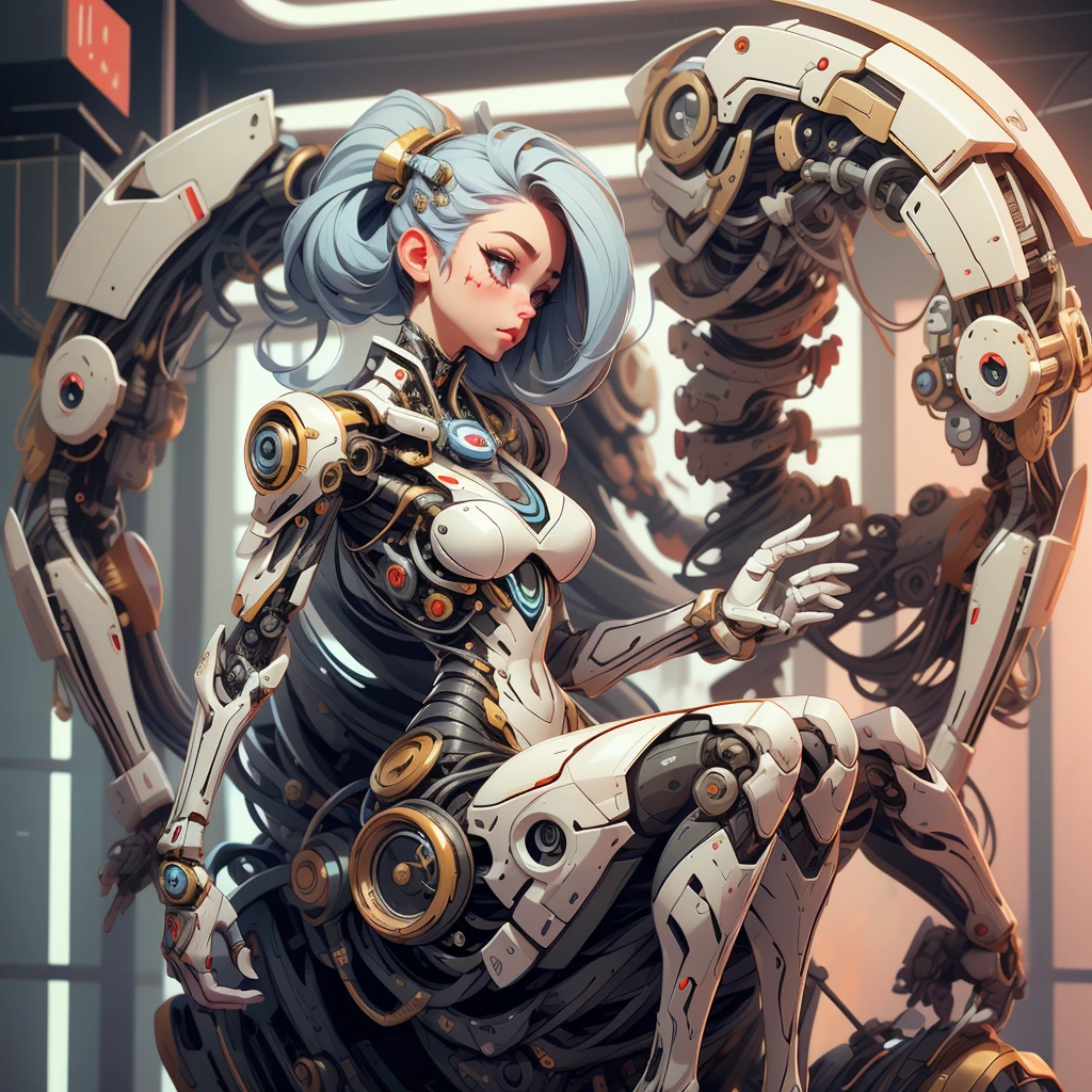(((masterpiece))), (((best quality))), ((ultra-detailed)), (highly detailed CG illustration), ((an extremely delicate and beautiful)),(cute delicate face),cinematic light,((Artificial Empathy)),((full body view)), (machine made joints:1.4),((machanical limbs)),(explosed muscles),(blood vessels connected to tubes),(a brain in container:1.3),((mechanical vertebra attaching to back)),((mechanical cervial attaching to neck)),((sitting)),expressionless,(wires and cables attaching to head and body:1.5),small ,short hair,(character focus),science fiction
