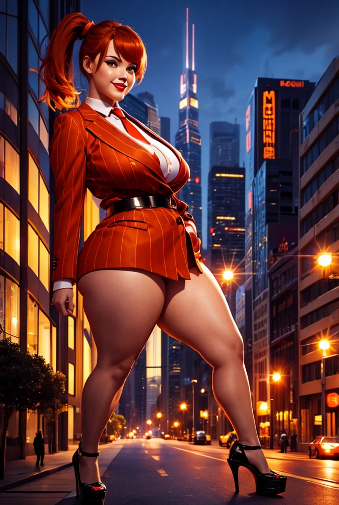 (photorealism:1.2), young , beautiful bbw schoolgirl a massive curvy ginger ponytail red lips wearing a perfect dark orange pinstripe suit with a thick bright orange tie large collar large breasts. Platform high heels , standing, giantess art, highly detailed giantess shots, giantess, most detailed, perfect face, Two legs, Five fingers, short hair, A high school girl who is bigger than a skyscraper, standing on very small city, skyscarpers at their feet, skyscrapers small, smile, huge breasts, Red tie, major metropolis, numerous Destroying cities, Under heavy attack, A very small big city, Miniature metropolis, Full body description, GTS, giga giantess, gigagts, stomping city, crash city, tiny city, micro city, , High resolution, highest quality, masterpiece, halloween, night time