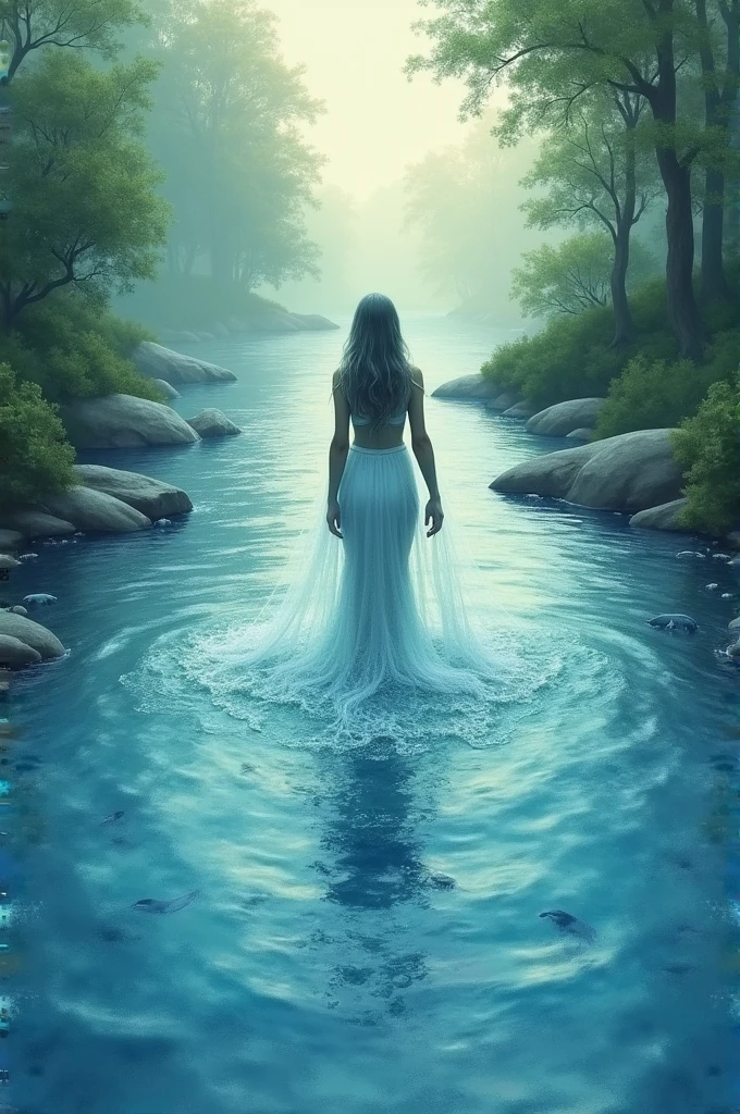 An image of a flowing that symbolize the constant flow of life, and the importance of letting things come and go naturally. The overall shade of the image must be turquoise, blue, or cyan.