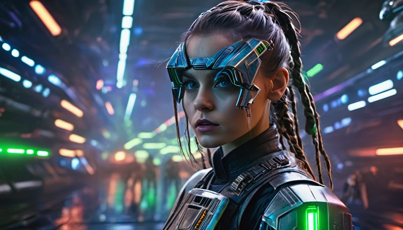 1girl, long braided hair, stormtrooper, looking at viewer, starwars scene, in space, blue and green lasers shooting, detailed eyes, detailed lips, extremely detailed face, cinematic lighting, dramatic atmosphere, vibrant colors, sci-fi, concept art, photorealistic, 8k, ultra-detailed, space battle xwing, tie fighter dog fights in background 