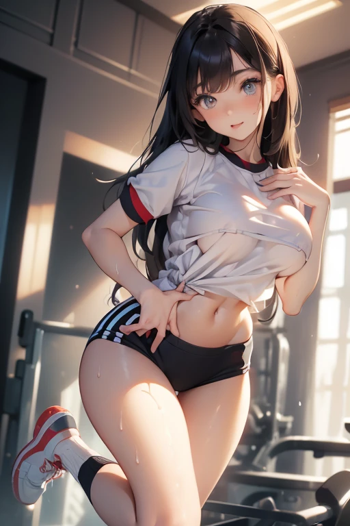 最高画質,1girl, solo, looking at viewer, blush, smile, open mouth, shirt, thighs, collarbone, white shirt, short sleeves, :d, shorts, hairclip, indoors, clothes lift, arm up, short shorts, shirt lift, navy blue shorts, lifted by self, gym uniform, gym shirt, gym shorts, navel, underboob, school,