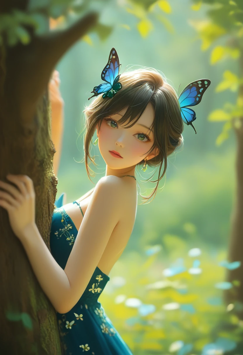 score_9, score_8_up, score_7_up, score_6_up, score_5_up, score_4_up, source_anime, 1girl, solo, official art, blurry background, depth of field,
KShinobuXLV4, butterfly hair ornament, medium bust, looking at viewer,  night, 
narrowed eyes, 
standing, 
cocktail dress, moon, night 
peeking out upper body, peeking from behind tree, forest
dutch angle,