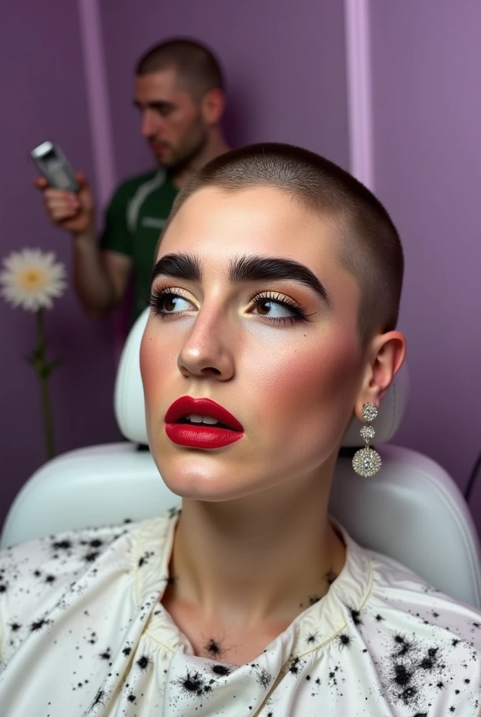 Close up of an elegant woman sitting on a white barber chair, getting a bald headshave. She is very nervous, scared, excitedly smiling (eyes open and looking up at the viewer). ((A hair clipper is shaving her head)). ((Her head has been mostly shaven bald)) (((only bangs remain:1.8))). ((((The entire scene is covered in black hair bits and many strands of black hair)))). A mounding pile of long black hair on her lap. Ear studs. In a barber shop with violet walls, allium flower. Realistic, high quality photograph, high contrast, intricate details.
