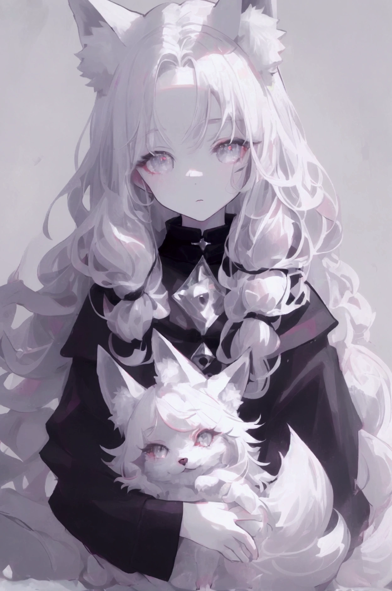 A small, fox-like girl, with pale skin, long white hair, a friendly face, gray eyes and cold-weather clothing, a fluffy, furry tail with black spots.