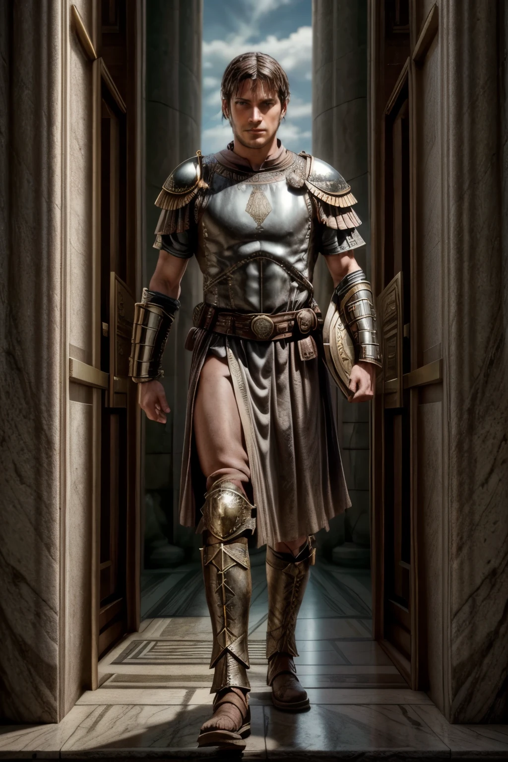 an ancient roman soldier armed with a Samnite-style dagger and shield passes through a space-time portal and finds himself in the future, you see the past on one side of the portal and the future on the other side, the soldier wears the clothes of the ancient Roman legionaries at the time of the Roman Empire.