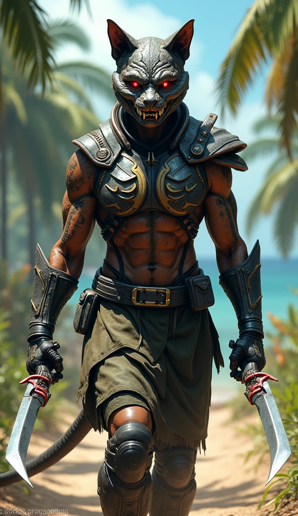 ((best quality)), ((masterpiece)), (detailed), 2mens are fightings (god of war)(kratos), painted skull face, using axe and blades in the desert rocks, one man got hit by kratos axe and the bloods comesout from the body, semi dark lights, lightnings and thunder