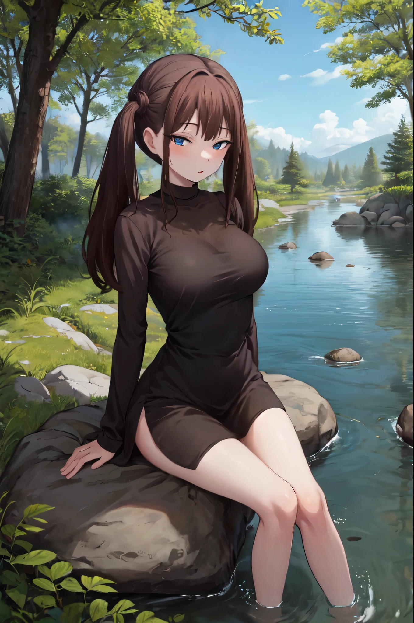 illustration, cartoon, soothing tones, calm colors, masterpiece, best quality, absurdres, highres, standing, looking at viewer, 1girl, mature female, medium breasts, thighs, tsubame ntr, long hair, blue eyes, brown hair, twintails,
sitting on a rock beside a stream, nature, outdoors,