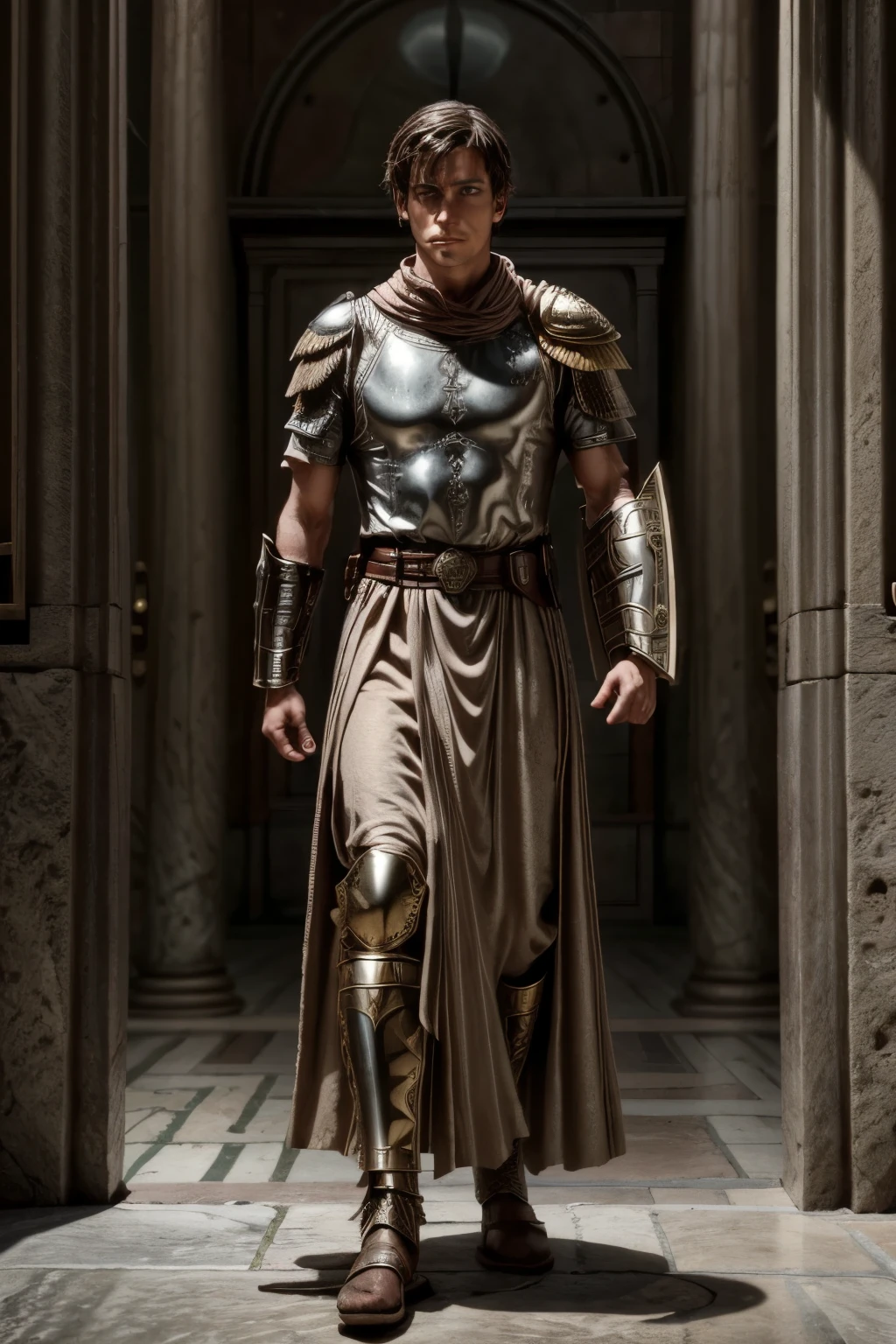 
an ancient roman soldier armed with a dagger and aroman-style shield passes through a space-time portal and finds himself in the future, you see the past on one side of the portal and the future on the other side, the soldier wears the clothes of the ancient Roman legionaries at the time of the Roman Empire.