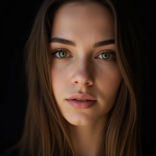 ((RAW Photo), absurd, ((absurdresolution)), masterpiece, best quality, (Extremely detailed 8k unity CG wallpaper), Realistic-lighting, beautiful detailed glow, ((30 years old)), (her early 30's age), long-straight-hair, brunette, ((porcelain pale-skin: 1.5)), (realistic beautiful American-woman), Angled-Pigmented-Eyebrows, False-eyelashes, (((chartreuse-green-eyes))), upturned-nose, almond-eyes, High-Cheekbones, oval-face, plump-lips, cupid's-bow-Mouth. (close-up portrait of a woman with a raw, neutral expression, high contrast against a deep black background:1.8), (masterpiece quality:2.0), (highly detailed:1.7), (cinematic lighting with soft focus on the eyes:1.6), (natural skin texture with subtle freckles:1.4), (emphasizing facial features:1.5), (intense gaze capturing the moment:1.3), portrait, black background, epic, dynamic shadows, cinematic lighting, key-light, (well lit: 1.5), vivid-color, Detailed, HD, HDR, High Quality, High Resolution, Masterpiece.