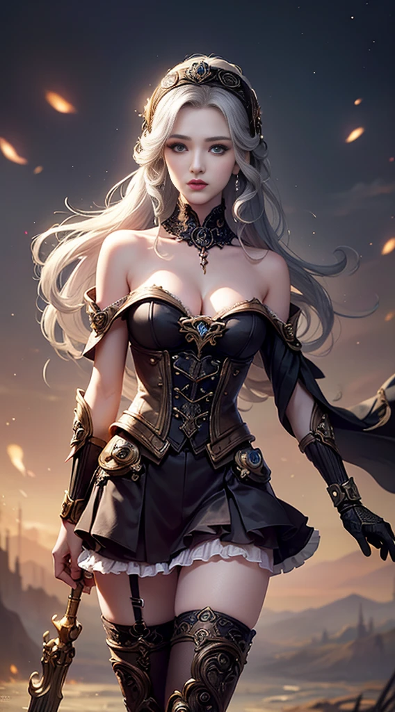 Wizard girl. 
(((masterpiece, best quality, raw photo, photorealistic, depth of field, ultra detailed, detailed face, very precise eyes))), Dynamic Action Pose, Invoke Magic, Mechanical Magic Weapons,  very slender long legs, lace stockings on the knee, steampunk headgear, fluttering lace flared mini skirt, off-shoulder fashion with a fusion of detailed and intricate steampunk and detailed gothic lolita, upward and beautiful small breasts, Clean long silver hair, long vertical curly hair, wind driven, futuristic complex steampunk factory background, infinite dark universe, flying celestial bodies, countless celestial neon lights raining down from the heavens, cinematic lighting decoration.