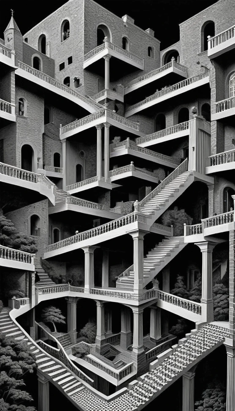  an enigmatic nod to Escher's work:1.2,  This work shows realism and :1.1 and abstract :1.1,  transformations of geometric shapes :1. 1 a surreal and paradoxical landscape :1.2, Escher&#39;s Art, 