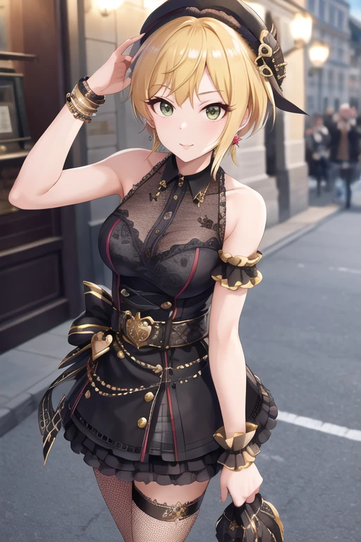 masterpiece,  best quality ,  Kampala, Humphrey ,  blond hair,  braid, beret,  black headwear,  earrings, armlet, Check pattern, Shoulder Bare, BLACK BOW,  Black Dress, Wrist cuff,  bracelet, belt,  fishnet panty hose ,   The Idolmaster Cinderella Girls,  Knight , city, street,  standing,  cowboy shots,  arms on the side of the mign, Straight,