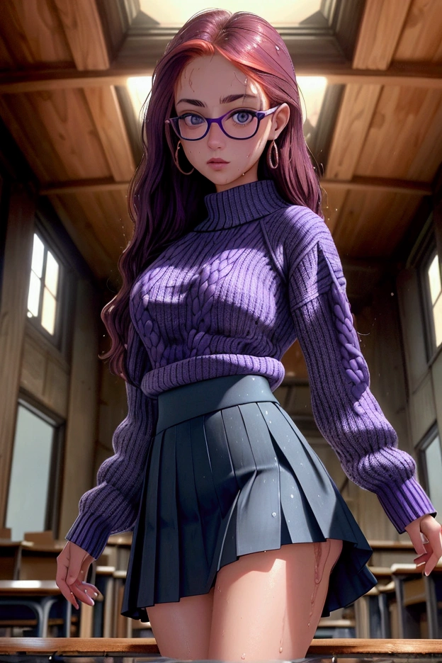  An extremely detailed and perfect 8k image . Photography by (Annie Leibovitz) of a teenager , green eyes, redhead,  (  perfectly detailed face  ), ((nerd)), (( perfect body)), has big ,   narrow waist and nice hips   . She is wearing a ((school skirt, purple)) and a ((wool sweater, blue)).    She's standing in the middle of an old, quiet library , all made of wood  ,   She is very pretty and sexy  ., She has a (glare), ( lifts her skirt ) and shows her  ((wet thong))