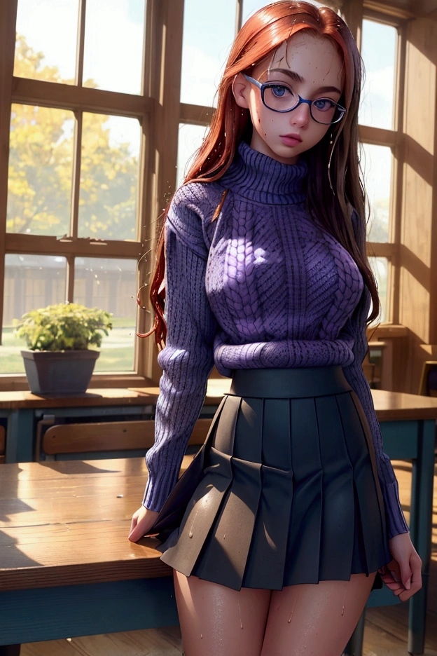  An extremely detailed and perfect 8k image . Photography by (Annie Leibovitz) of a teenager , green eyes, redhead,  (  perfectly detailed face  ), ((nerd)), ((cuerpo perfecto)), has big ,   narrow waist and nice hips   . She is wearing a ((school skirt, purple)) and a ((wool sweater, blue)).    She's standing in the middle of an old, quiet library , all made of wood  ,   She is very pretty and sexy  ., She has a (glare), (lifts her skirt) and shows her ((wet thong)).