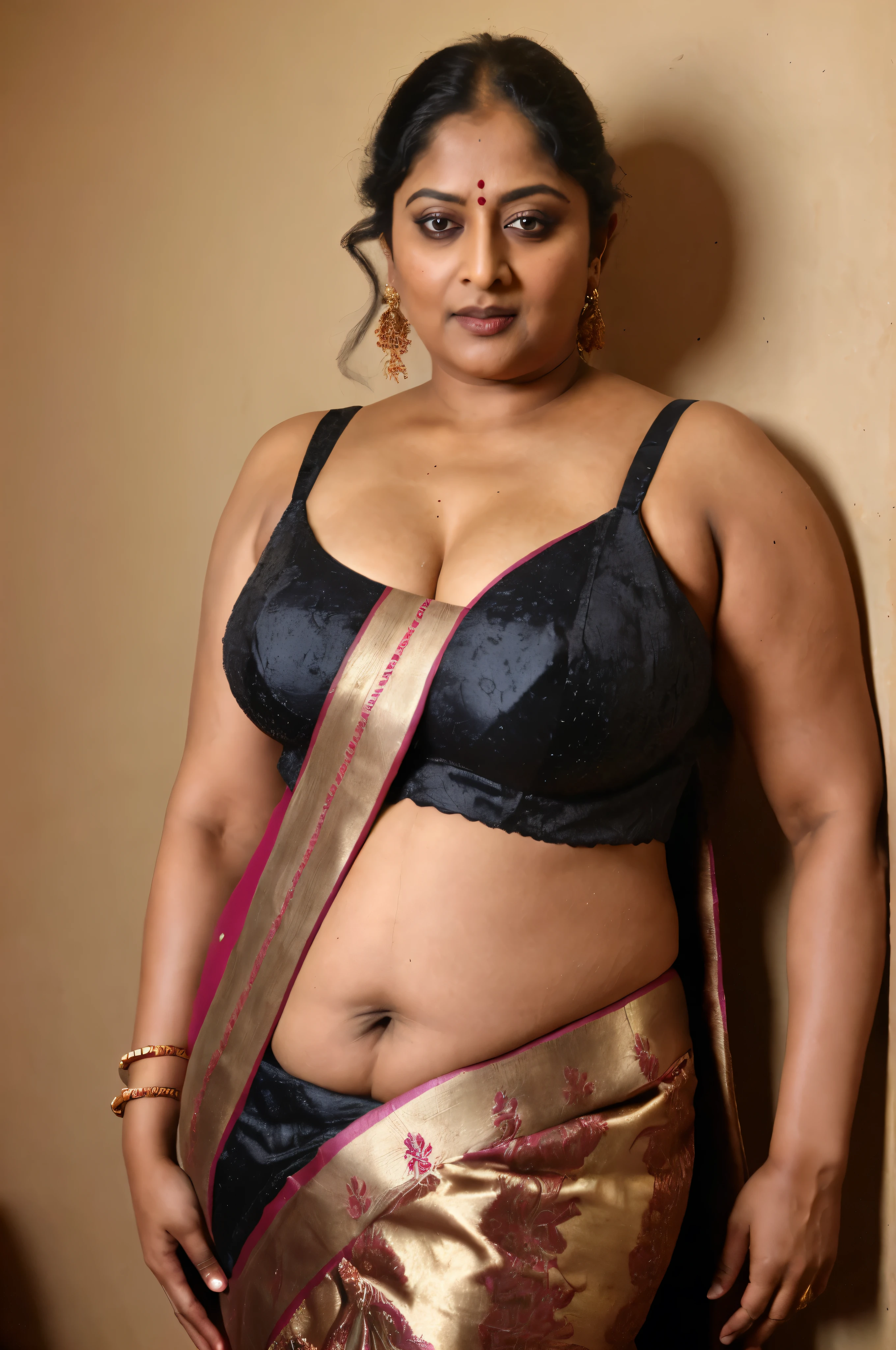 arafed woman in a pink sari, looks like Sandeepa Dhar, thick figure, curvy, sexy navel folds, fleshy body, wide body, mallu aunty, heavy figure aunty, hot mommy, hot aunty, traditional beauty, hindu aesthetic, assamese aesthetic, traditional makeup, indian goddess, indian girl with brown skin, wearing bihu dress mekhela sador, indian style, indian, gorgeous woman, south east asian with round face, a stunning portrait of a goddess, beautiful himalayan woman, beautymarks,