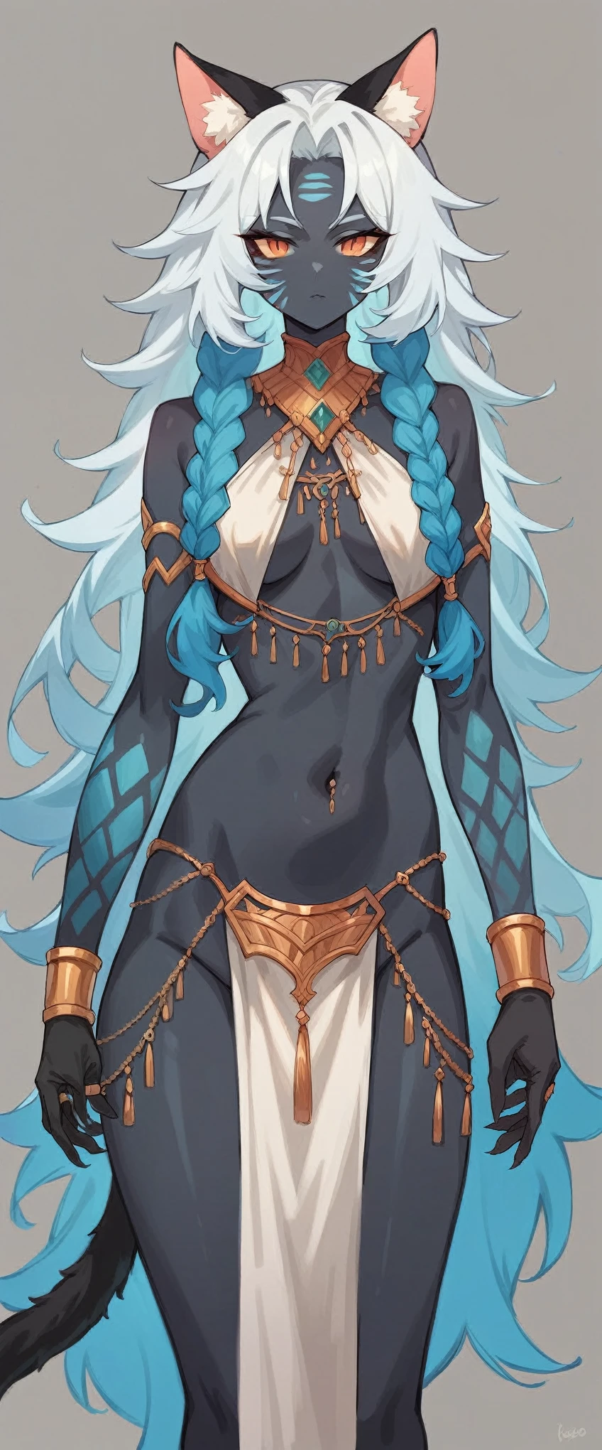 a woman, Alone, long hair, breasts,  looking at the viewer, skirt, gloves, original, belly button, animal ears, bare shoulders,  very long hair , jewelry, blue hair, standing, rabo, Braid, white hair, cat ears, sem dedos gloves, gray background, Braids duplas, bracelet, cat tail,  animal ear fluff,  multiple views , colorful skin, facial mark, commission, piercing,  monster girl , bridal gloves, cat girl,  pelvic curtain , blue skin, scales, Big hair, body painting, multicolored skin, black skin, marks on the body,  belly chain 