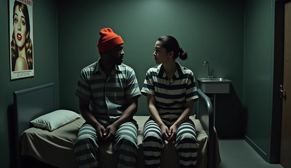 (photorealism:1.2), a tall 50 year old white female prison guard in police uniform, one hand in the orange pants of a shorter 20 year old topless female black prisoner, grabbing her nude breast with the other hand, many female prisoners watching in background, prison setting, high detail, UHD, 4K