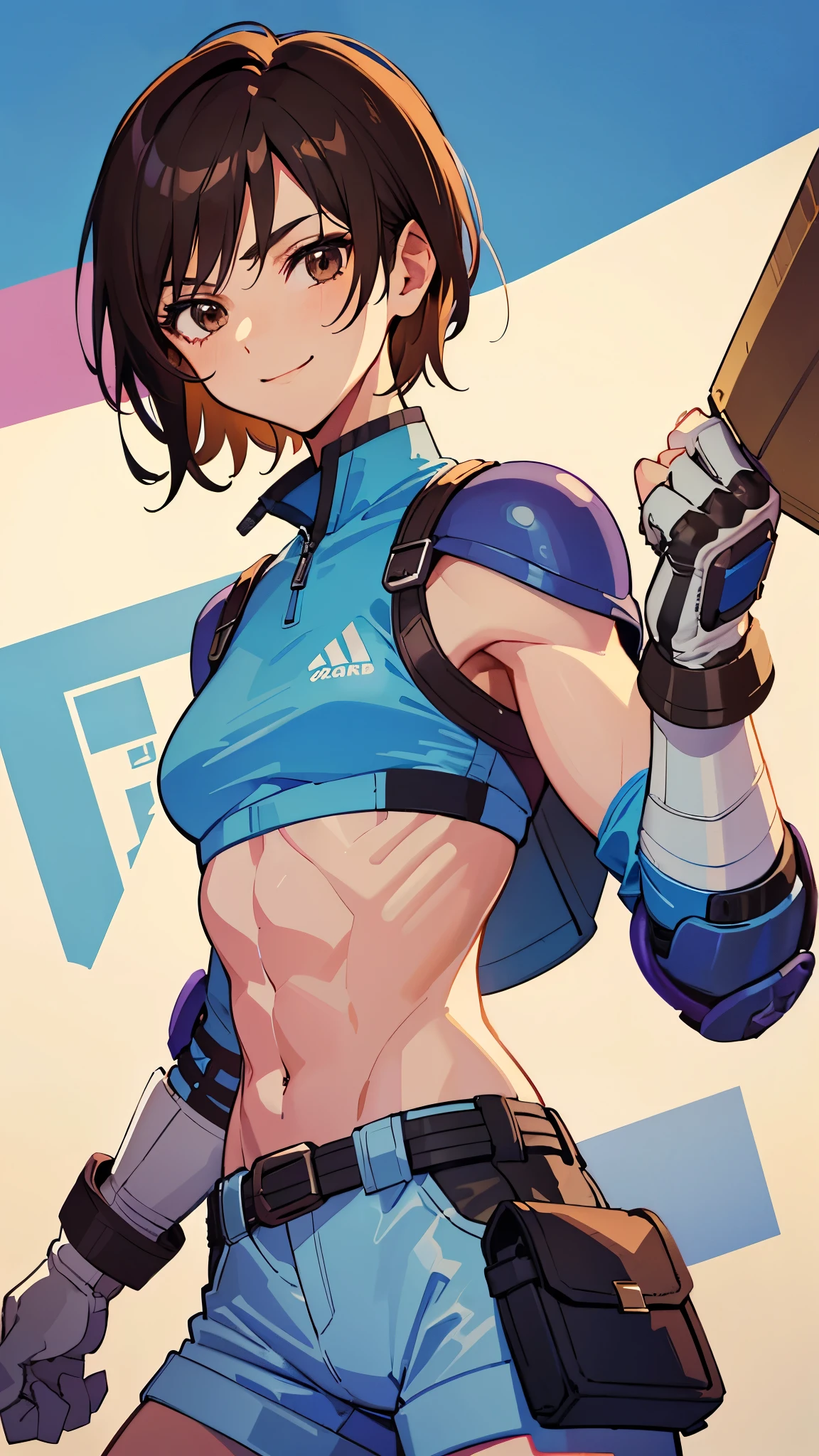 <lora:AkiraMS>, 1girl, akirams, crop top, camouflage, gloves, clothes around waist, pants, helmet, knee pads, bare shoulders, spikes, biker clothes, solo, focus, stomach, from below, foreshortening