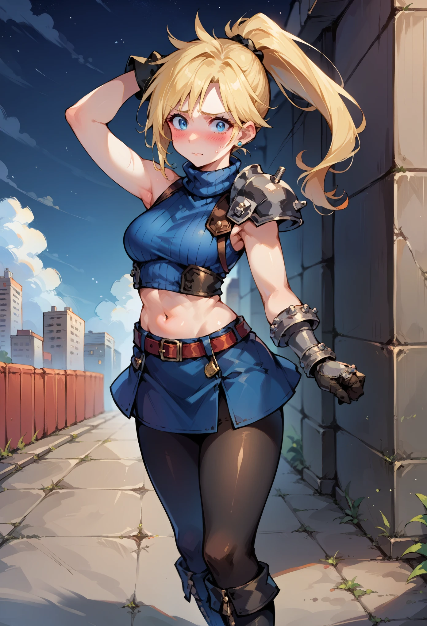 score_9, score_8_up, score_7_up, source_anime, 1girl, solo, female focus, female body, defCloud, blonde hair, long hair, single earring, shoulder armor, sleeveless turtleneck, belt, blue skirt, short skirt, boots, black pantyhoses, ponytail, gloves,standing, nervous, blushing, midriff, navel, full body, arms up, looking at you, metallic city, dark sky, night,