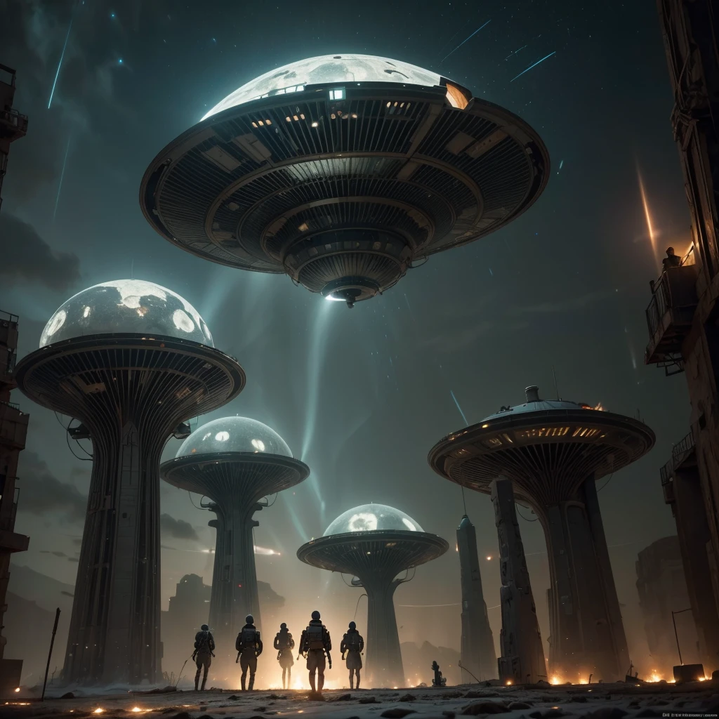 Illustrate a highly detailed and dynamic scene showcasing the dramatic rise in extraterrestrial contacts over the past few years. The sky is filled with various types of UFOs, from classic saucers to more advanced and enigmatic spacecraft, hovering above different parts of the world. In the foreground, diverse groups of people—scientists, civilians, military personnel—are gathered, looking up in awe, fear, and curiosity. Some are recording the events with devices, while others are engaged in direct communication with the aliens through advanced technology. The aliens vary in appearance, representing different species: tall, luminous beings, small Greys with large eyes, and even more abstract, ethereal forms of life. The background shows iconic global landmarks, each subtly illuminated by the presence of these extraterrestrial visitors. The scene is filled with a sense of wonder, tension, and the undeniable reality of humanity's new place in a larger cosmic community. The lighting is a mix of eerie, otherworldly glows from the ships and a natural, dusk-like atmosphere, highlighting the blending of the ordinary with the extraordinary."

