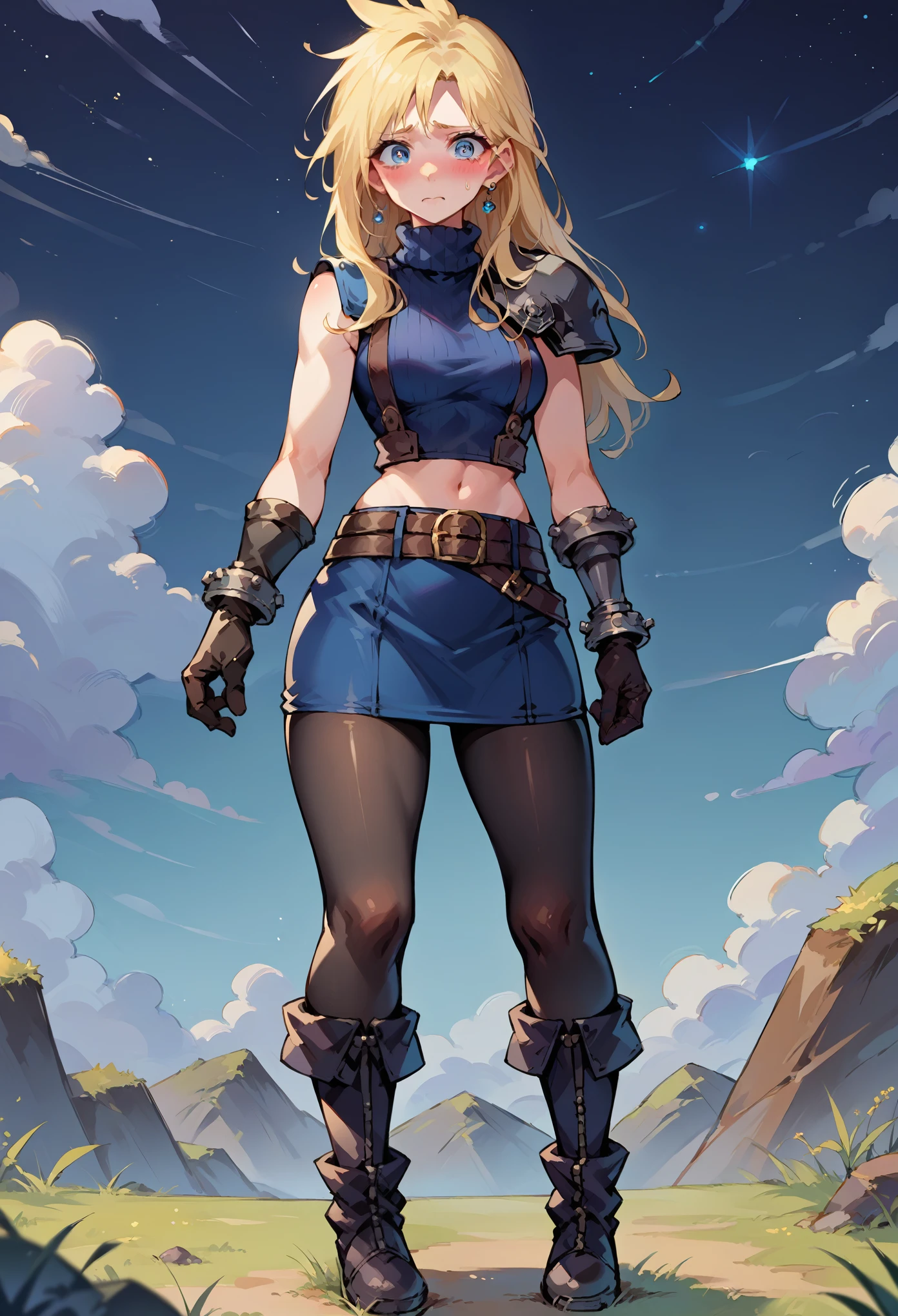 score_9, score_8_up, score_7_up, source_anime, 1girl, solo, female focus, female body, defCloud, blonde hair, long hair, single earring, shoulder armor, sleeveless turtleneck, belt, blue skirt, short skirt, boots, black pantyhoses, gloves,standing, nervous, blushing, midriff, navel, full body, looking at you, metallic city, dark sky, night,