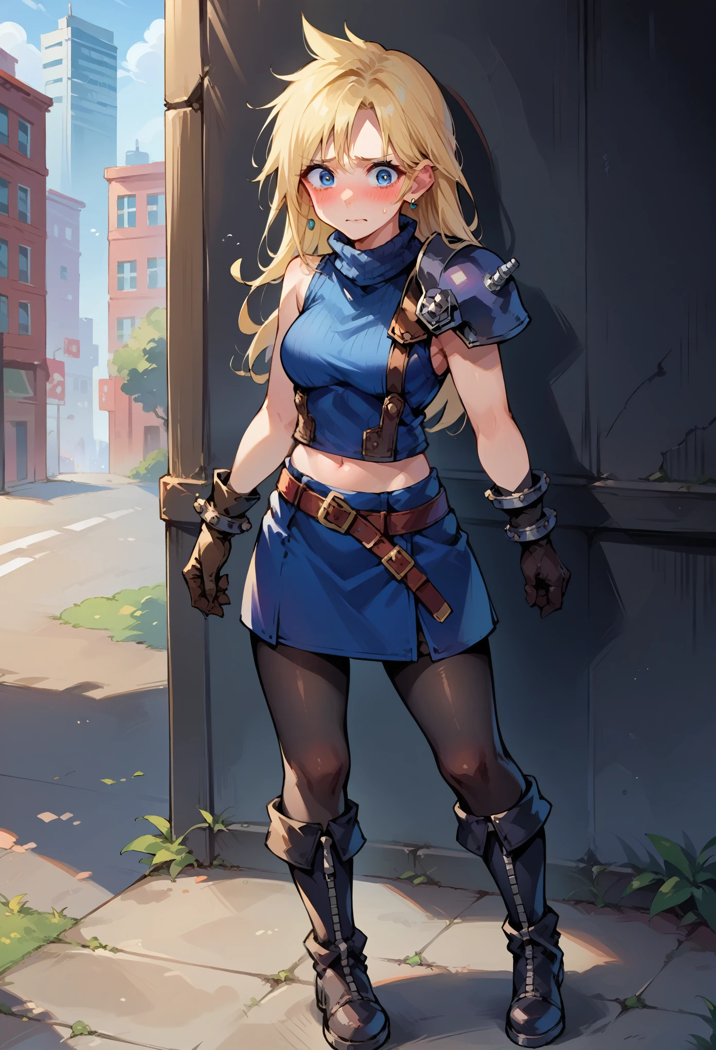 score_9, score_8_up, score_7_up, source_anime, 1girl, solo, female focus, female body, defCloud, blonde hair, long hair, single earring, shoulder armor, sleeveless turtleneck, belt, blue skirt, short skirt, boots, black pantyhoses, gloves,standing, nervous, blushing, midriff, navel, full body, looking at you, metallic city, dark sky, night,