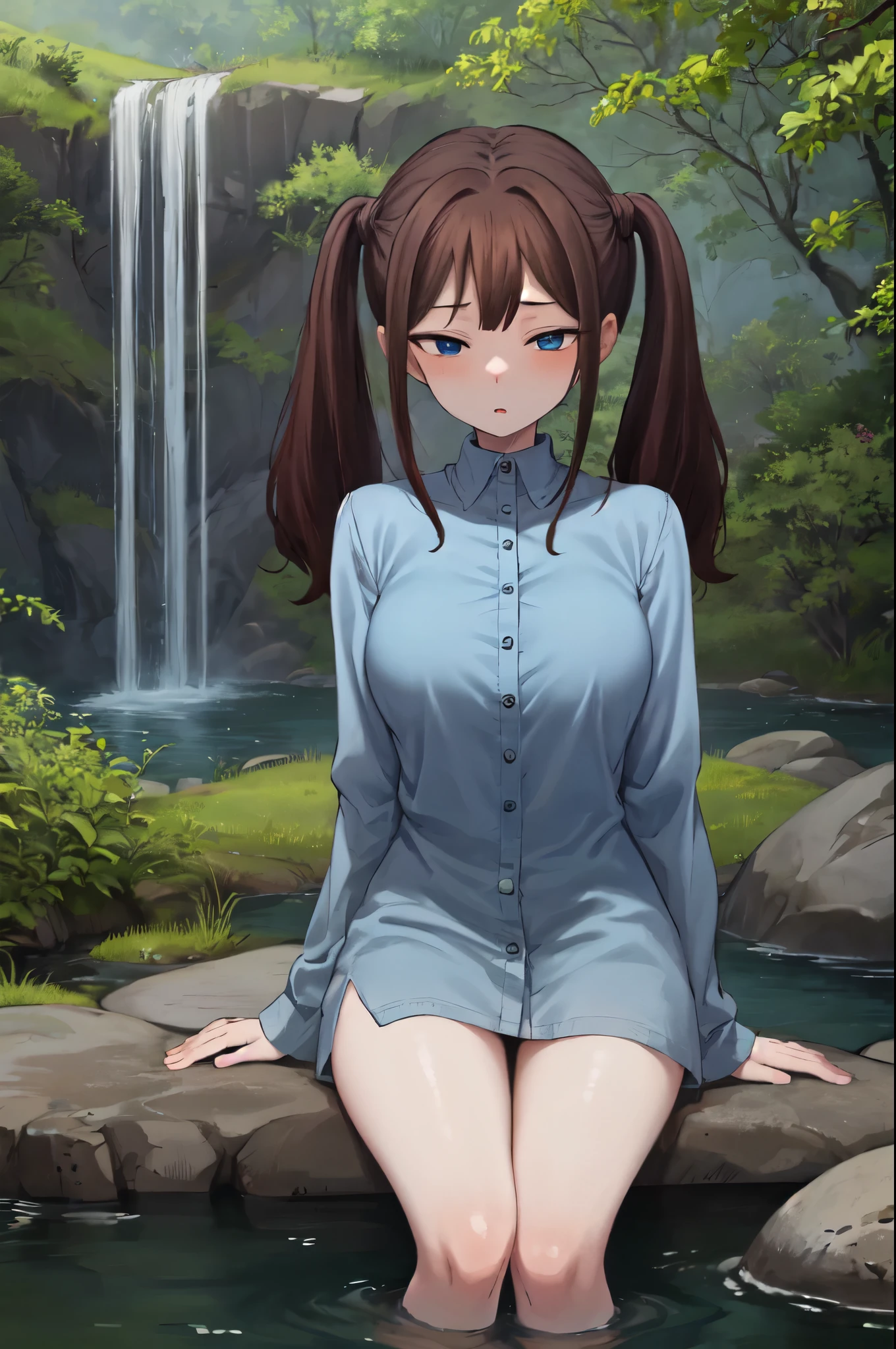 illustration, cartoon, soothing tones, calm colors, masterpiece, best quality, absurdres, highres, standing, looking at viewer, 1girl, mature female, medium breasts, thighs, tsubame ntr, long hair, blue eyes, brown hair, twintails,
sitting on a rock beside a stream, nature, outdoors,