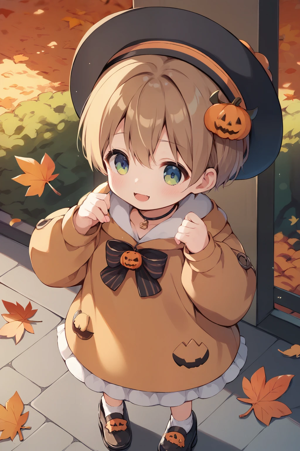  score_9,  score_8_up,  score_7_up, anime break，110cm tall anime cute very young very small baby，Autumn leaves，Halloween，