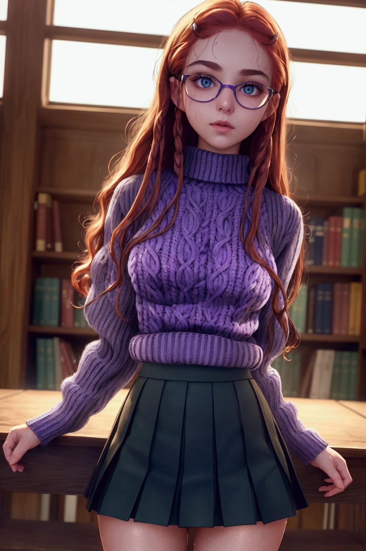  An extremely detailed and perfect 8k image . Photography by (Annie Leibovitz) of a teenager , green eyes, redhead,  (  perfectly detailed face  ), ((nerd)), (( perfect body)), has big ,   narrow waist and nice hips   . She is wearing a ((school skirt, purple)) and a ((wool sweater, blue)).    She's standing in the middle of a quiet old library , all made of wood  ,   She is very pretty and sexy  ., She has a (glare), ( lifts her skirt ) and shows her panties, ((wet panties))