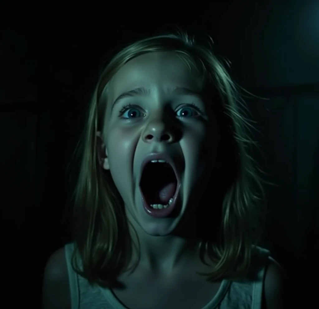 A young girl ghostly scream in the dark: The eerie outline of a young girls face emerges from the shadows, her mouth wide open as if screaming. Her voice echoes through the abandoned warehouse, chilling the atmosphere.