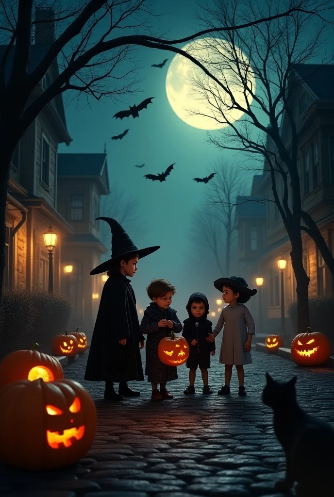 A group of kids dressed in creative Halloween costumes (like a vampire, werewolf, ghost, and mummy) walking down a street lined with old, spooky houses. The kids are holding jack-o'-lanterns and trick-or-treat bags.