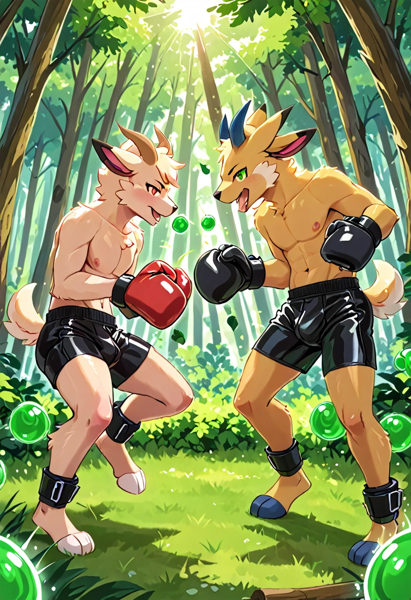 Duo male(Green Gator vs Brown Wolf), handsomes(handsome hairstyle, Thick eyebrows, detailed face), gay(cuddling embraced, body with body, on a boxing match), hot(Shirtless), handsomes(They are handsomes, correct anatomy), musculosos(Big muscle bodies, Six packs, muscle abs, big pecs), sweaty(very sweaty wet bodies, shiny sweat), tatuajes(they have tattoos), grumpy(Both have an grumpy expression, grumpy teeths, steaming breath), boxing gloves(They both are wearing boxing gloves), Hight resolution, by(Zourik:1.1)