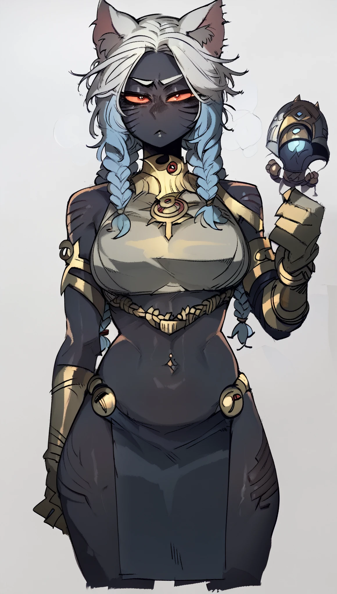 a woman, Alone, long hair, breasts,  looking at the viewer, skirt, gloves, original, belly button, animal ears, bare shoulders,  very long hair , jewelry, blue hair, standing, rabo, Braid, white hair, cat ears, sem dedos gloves, gray background, Braids duplas, bracelet, cat tail,  animal ear fluff,  multiple views , colorful skin, facial mark, commission, piercing,  monster girl , bridal gloves, cat girl,  pelvic curtain , blue skin, scales, Big hair, body painting, multicolored skin, black skin, marks on the body,  belly chain 