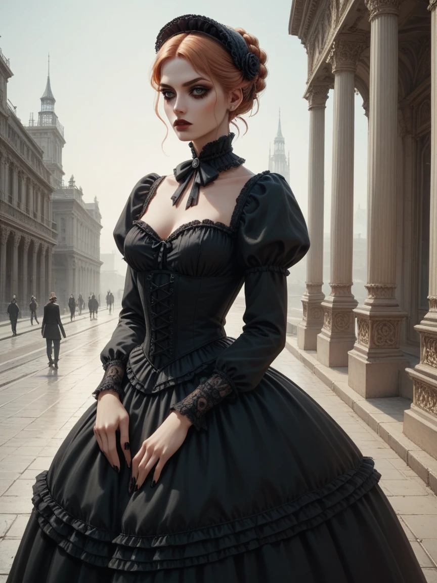fantasy art, RPG art, photograph, RAW, (Ultra detailed: 1.5), Best Detailed, picture of a female vampire standing in St. Peter in the Vatican, an exquisute beautiful female vampire, full body, (best detailed face: 1.2), (grey skin: 1.2), red lips, (vampiric fangs1:1) (blood veins visible: 1.3), ultra feminie, blond hair, long hair, rich, flowing hair,wavy hair, red glowing eyes, wearing short dress, silk dress, intricate detaled dress, high heels, standing in St. Peter square in Vatican city, at night, full moon, stars in the sky, St. Peter square background, best quality, (extremely detailed), ultra wide shot, photorealism, depth of field, hyper realistic, 2.5 rendering,