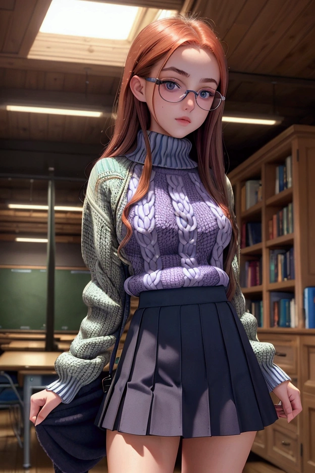  An extremely detailed and perfect 8k image . Photography by (Annie Leibovitz) of a teenager , green eyes, redhead,  (  perfectly detailed face  ), ((nerd)), (( perfect body)), has big ,   narrow waist and nice hips   . She is wearing a ((school skirt, purple)) and a ((wool sweater, blue)).    She's standing in the middle of a quiet old library , all made of wood  ,   She is very pretty and sexy  ., She has a (glare), ( lifts her skirt ) and shows her panties, wet panties.