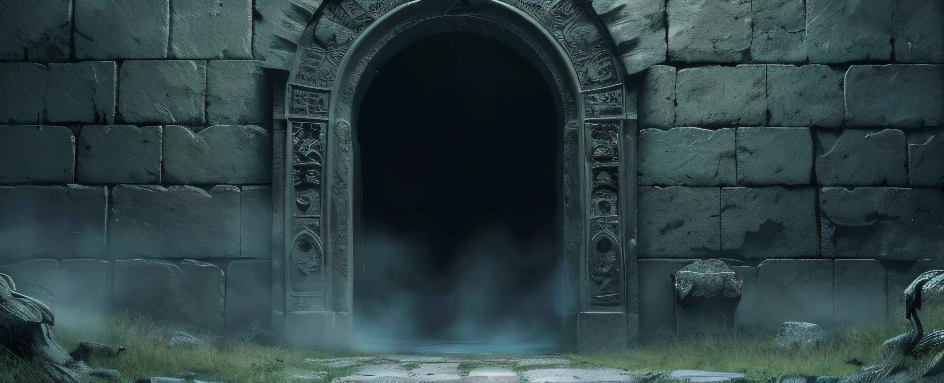 Generate a hyper-realistic image of the entrance to a sepulcher, viewed directly from the front. The sepulcher is ancient and foreboding, with heavy, cracked stone slabs framing the entrance. The doorway is partially open, revealing a dark, gaping void beyond, with faint tendrils of mist spilling out as if something ominous lies within. Intricate, weathered carvings of skulls, bones, and strange symbols cover the stone arch, worn smooth by centuries of exposure.

The ground leading up to the entrance is uneven, covered in crumbled stones and overgrown weeds, adding to the feeling of decay. A thick, eerie fog swirls around the base of the sepulcher, illuminated by a faint, unnatural glow from within. The atmosphere is cold and oppressive, with a heavy silence broken only by the faint rustle of the wind. Shadows seem to cling to the structure, and the sense of dread is palpable, as if the sepulcher holds a dark secret waiting to be uncovered.