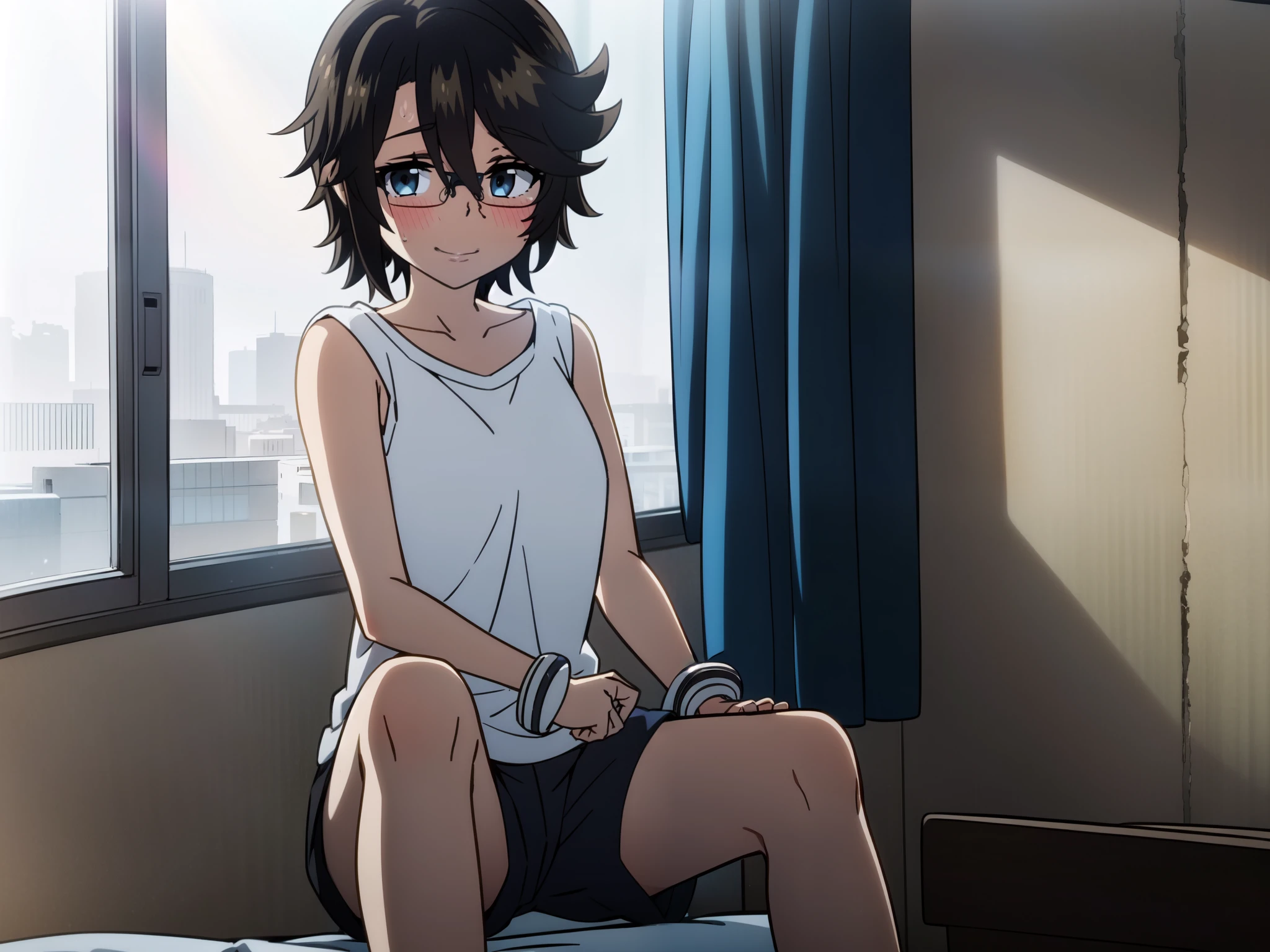 8k, obra maestra, absurdres, animé, momijiyama teru, 1girl, alternate costume, bare legs, barefoot, black hair, black shorts, blush, collarbone, foot up, glasses, grin, hair between eyes, leaning forward, looking at viewer, outstretched arms, shorts, sitting, smile, solo, tank top, teeth, white tank top, wrist cuffs
