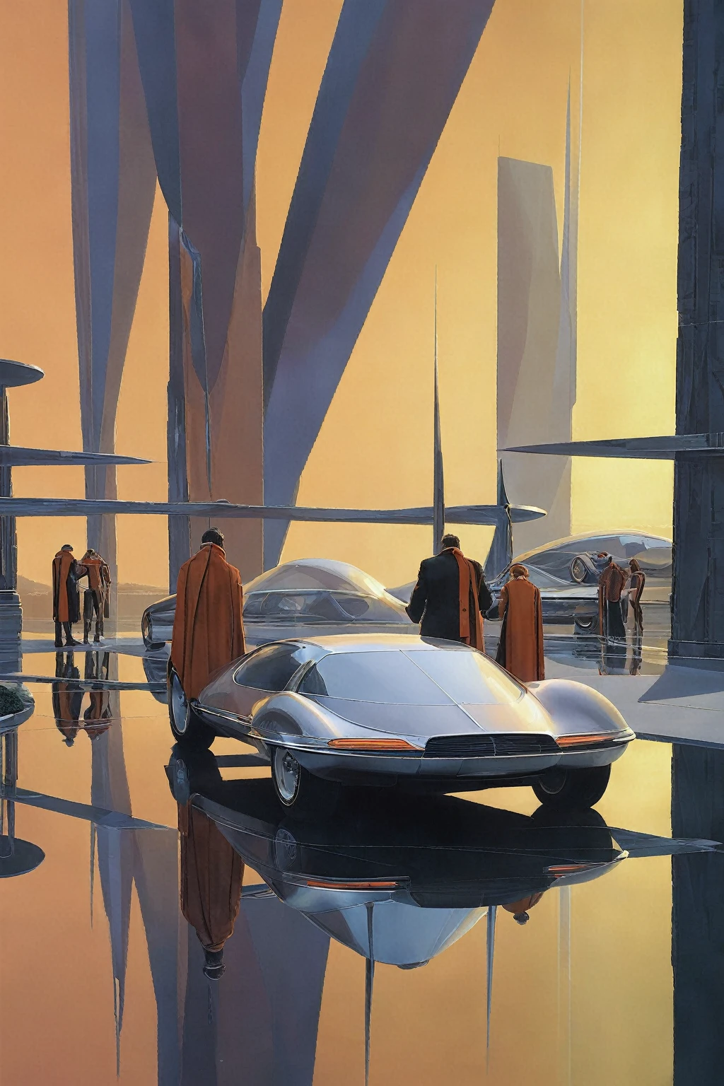 syme, people, retrofuturistic car, large structure, reflection