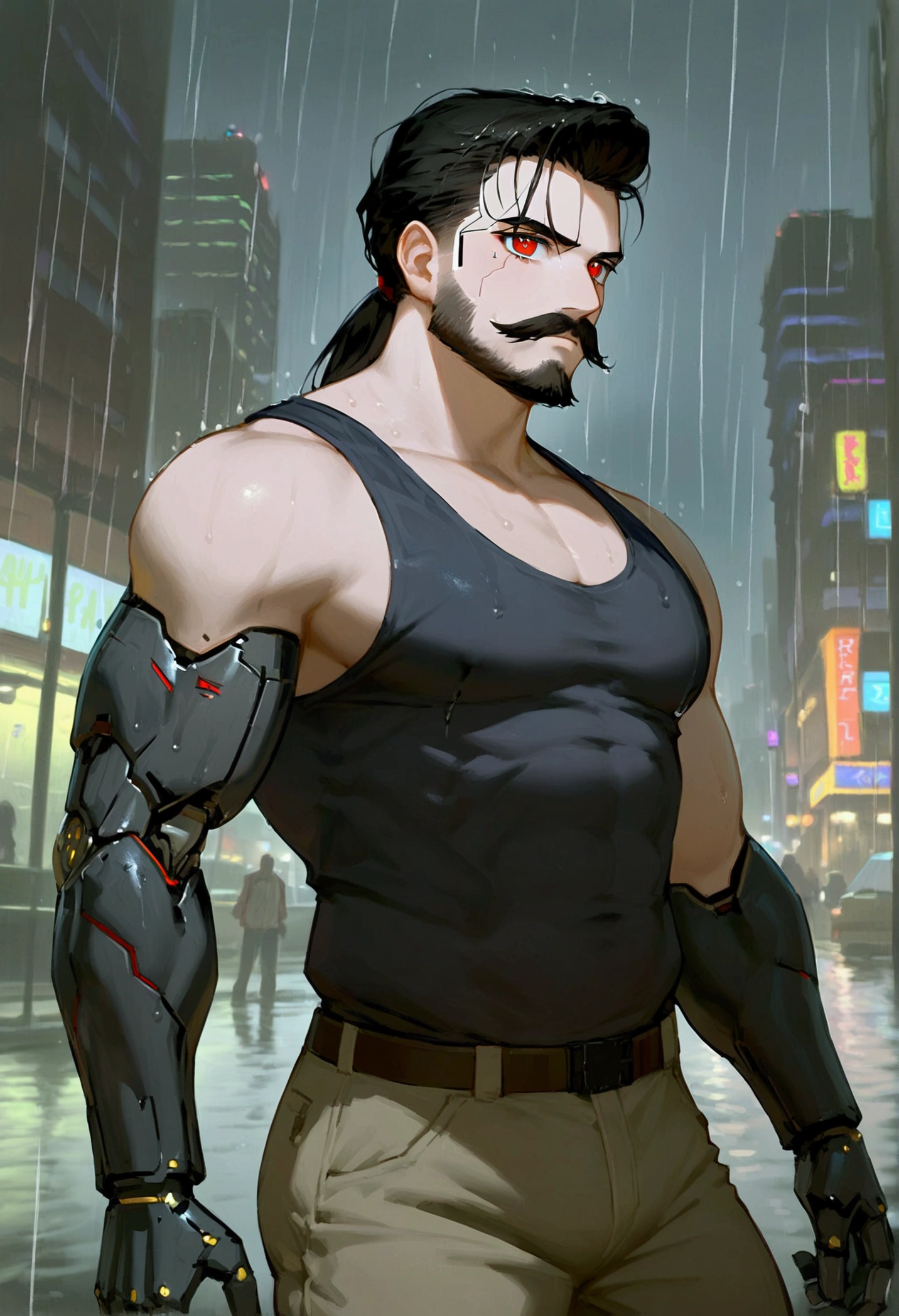 Fitness anime man, standing in the rain, cargo pants, strong arms, black shirt, cyberpunk background, dark city, cybernetic eyes, black hair, ponytail, Big beard, detailed cyberpunk eyes, Big moustache, cyberpunk city background, serious face, night, rainy night, robotic arms, cybernetic arms, robotic shoulders, red eyes, Big beard, Manly beard, strong complexion