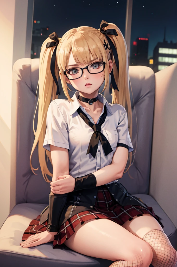 NFSW Naked Masterpiece ,  best quality , Duamaly,  twin tails, Hair accessories,  Hair Ribbon,  white shirt ,  choker, Black tie,  red skirt , Arm warmers,  Fishnet Knee High,   Black Boots , Sitting, machine, chair,  viewers almost at night, Glasses, 