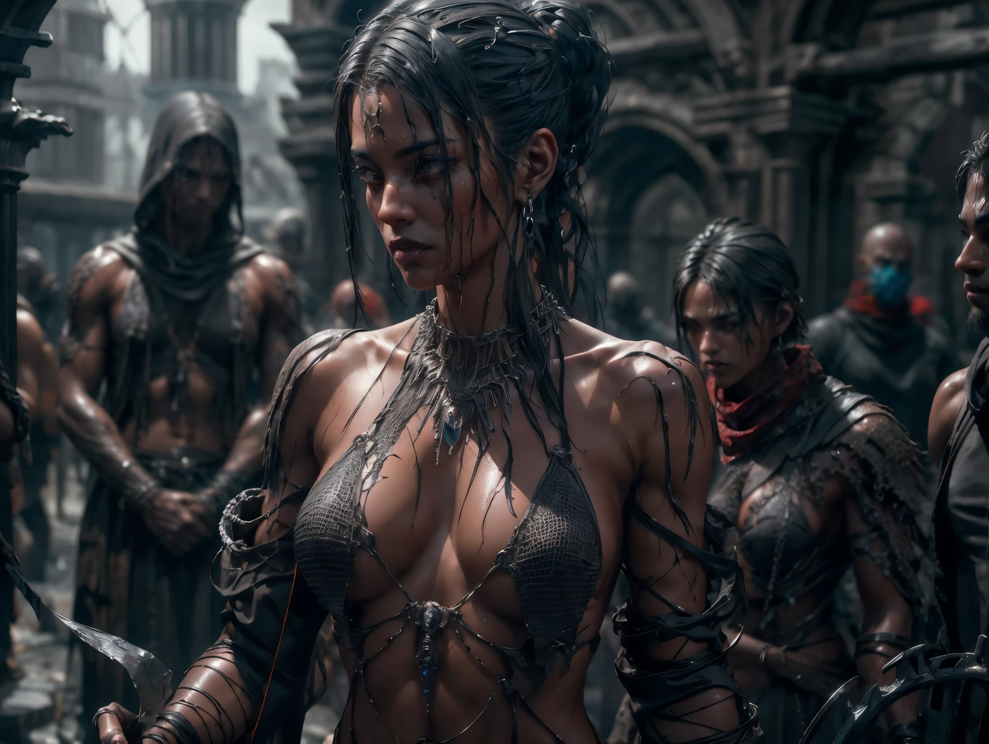 Beautiful Alluring Female Executioner, Bare Skin, Body Covered With grime Sweat and blood, Athletic Well Toned Body, Bare Skin, Inside A Dark Dungeon, Barely Clothed, Chain Bikini, Beautiful Face, Ominous Gothic Theme, Fiverr Dnd Character, Octane Render, Digital Art, Extreme Detail, 4k, Ultra Hd, Polished, Beautiful, Hyperdetailed, Intricate, Elaborate, Meticulous, Photorealistic, Sharp Focus, Wlop, Character Design, Unreal Engine, 3d Rendered, Volumetric Lighting, Reflections, Glossy, Digital Illustration, Sensual Pose, Suggestive Pose