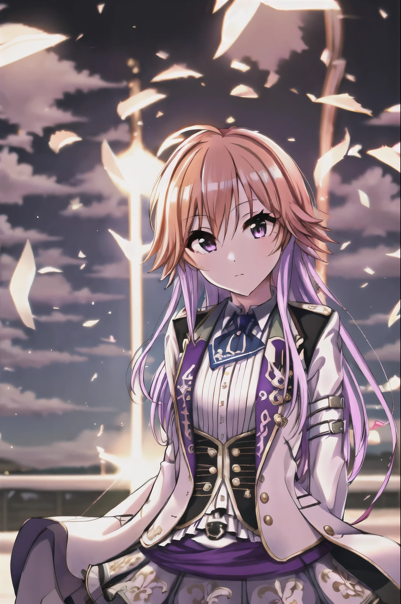 ninomiya asuka,
masterpiece,best quality,ultra-detailed,highres,
solo,1girl,
orange hair,long hair,bangs,purple hair,purple eyes,white jacket,cowboy shot,